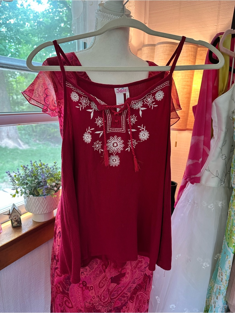 Justice Burgundy Spaghetti Strap Cami with White Embroidery